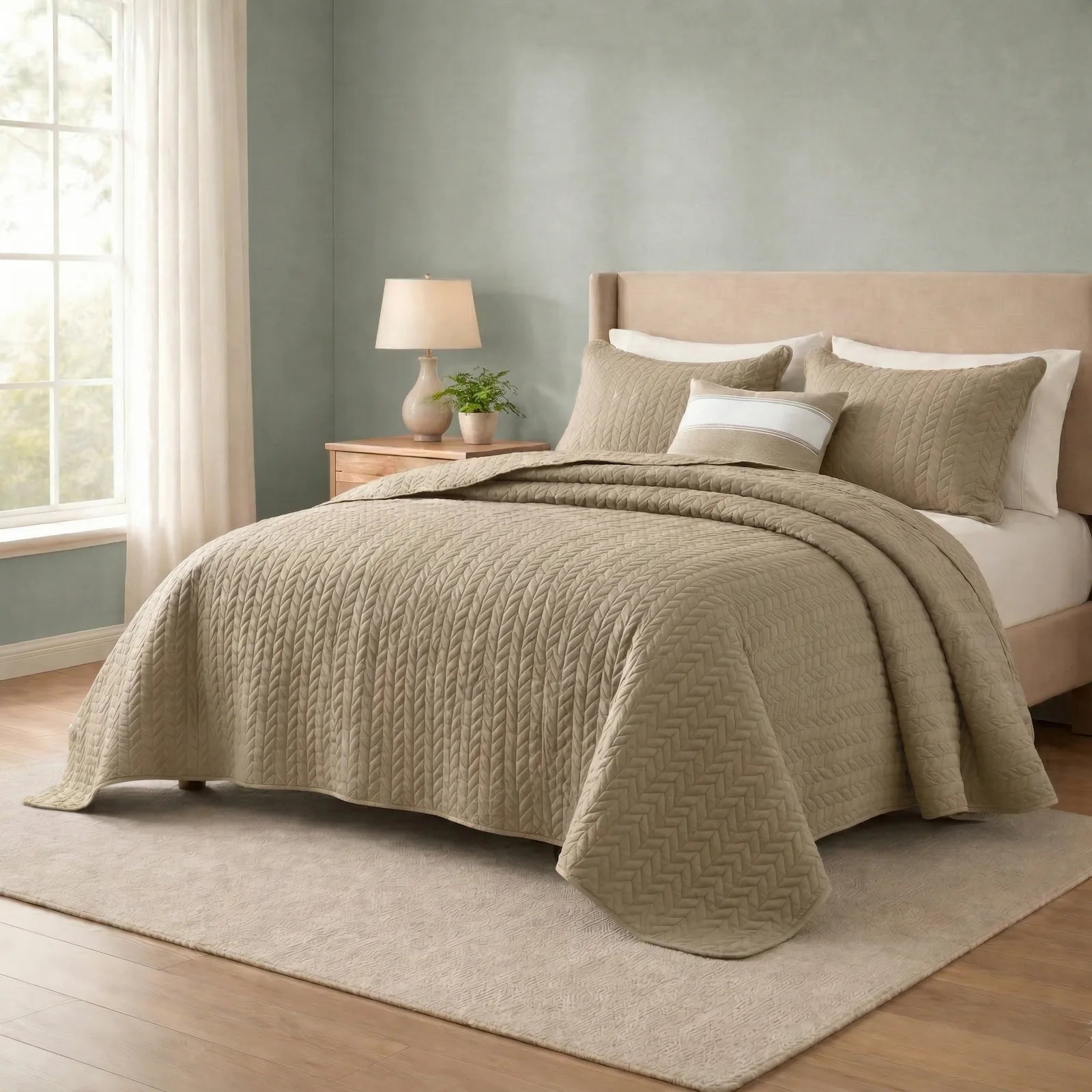 LuxeCotton Elegant Beige Bedspread with Pillow Covers
