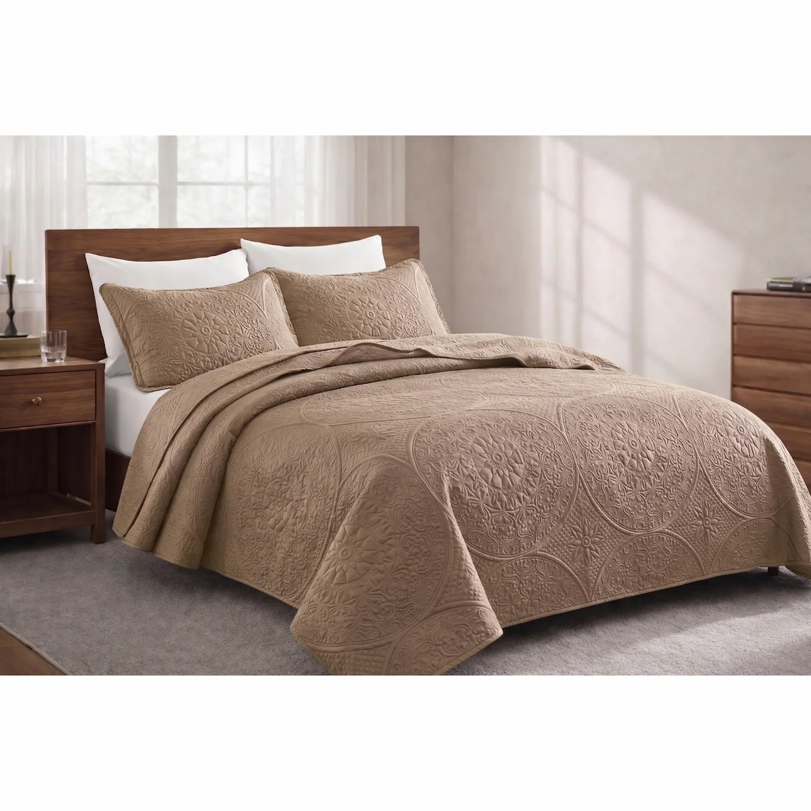 LuxeCotton Elegant Beige Bedspread with Pillow Covers
