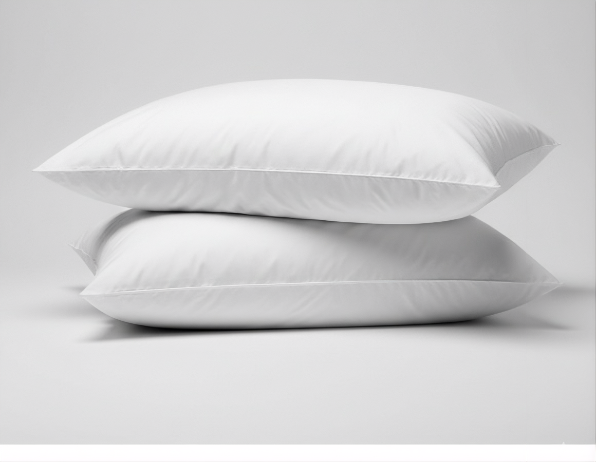 Two stacked white cotton pillows on a minimalist background, premium bedding