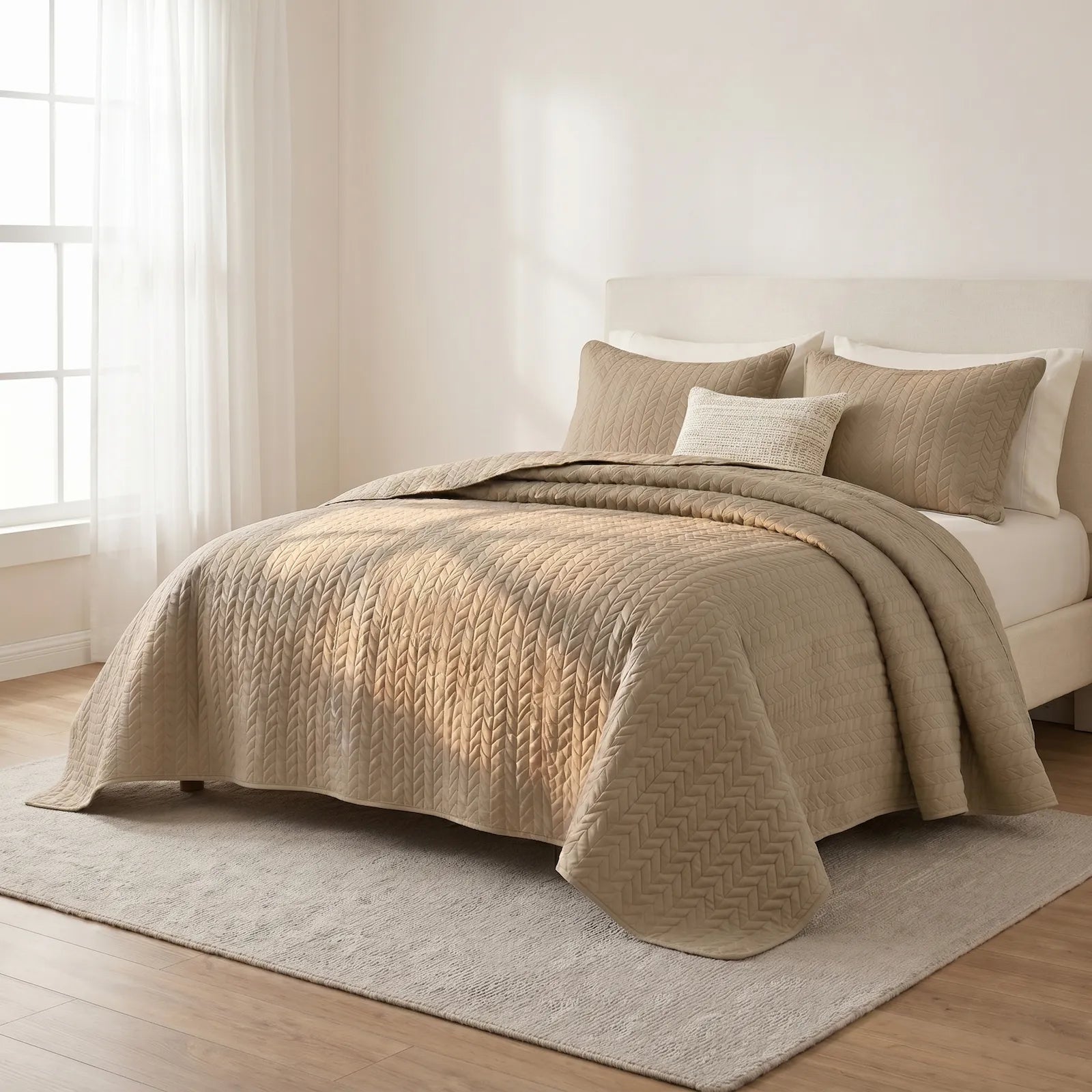 LuxeCotton Elegant Beige Bedspread with Pillow Covers
