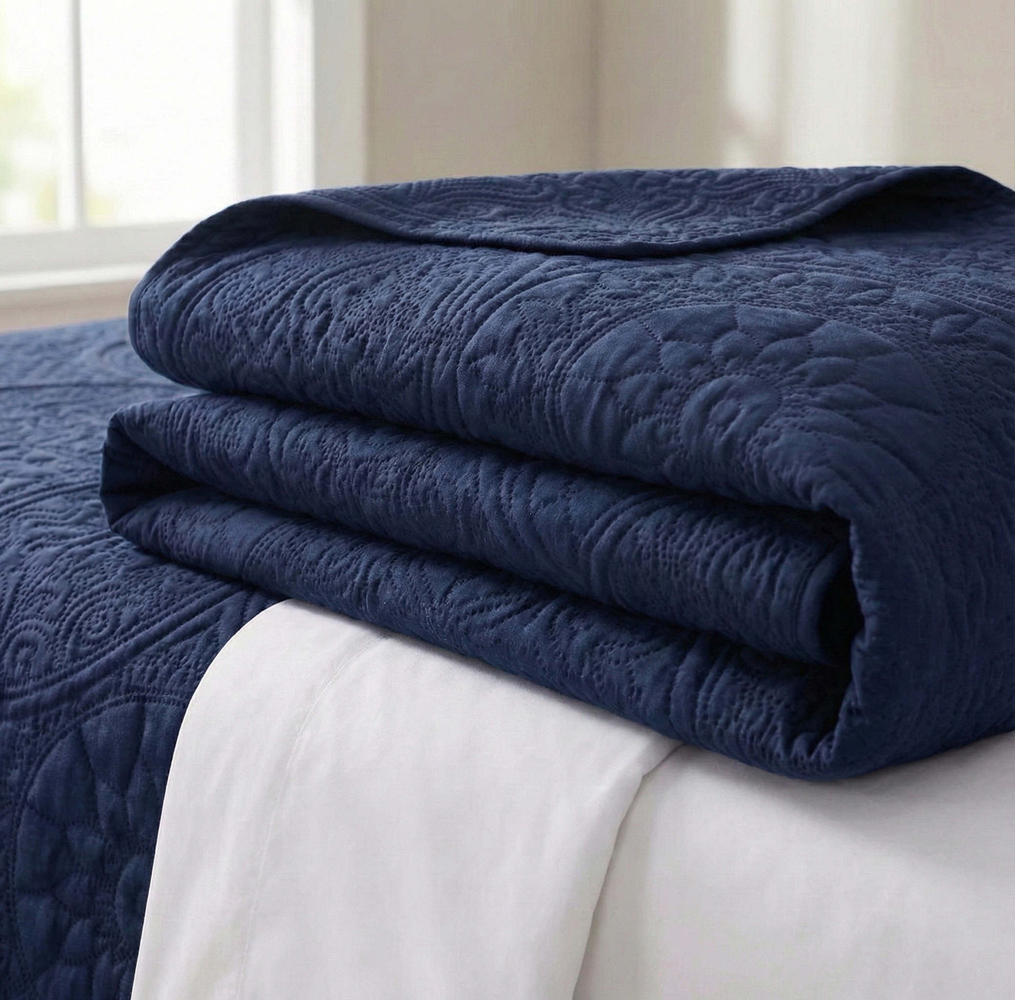 Folded navy blue quilted bedsheet on a white bed with a neutral background