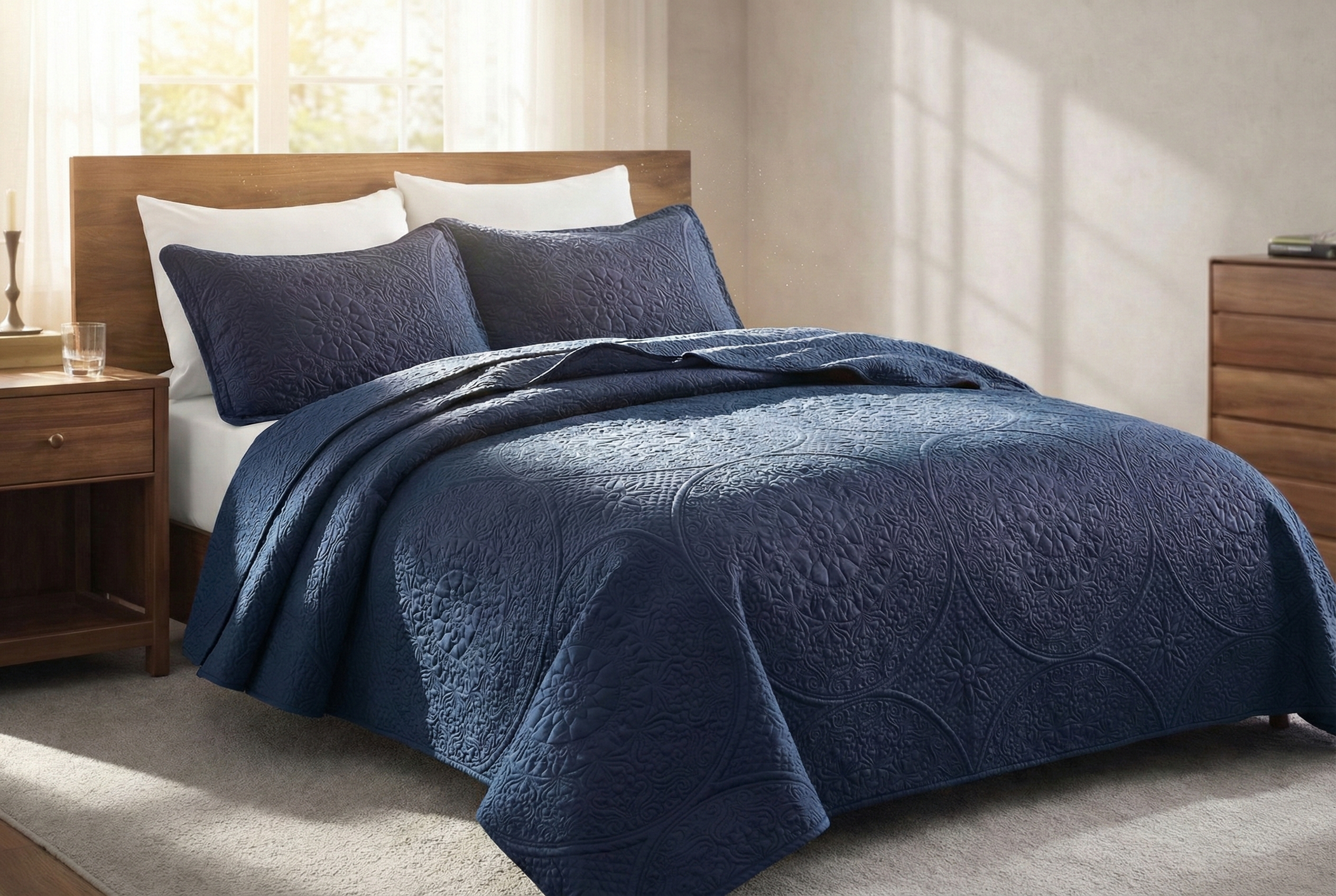 Navy blue quilt on a bed in a bedroom with wooden furniture.