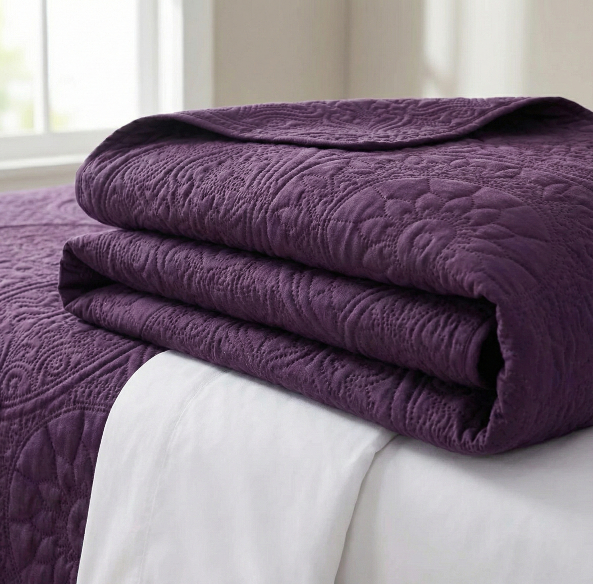 Folded purple bed spread on a bed with a neutral background