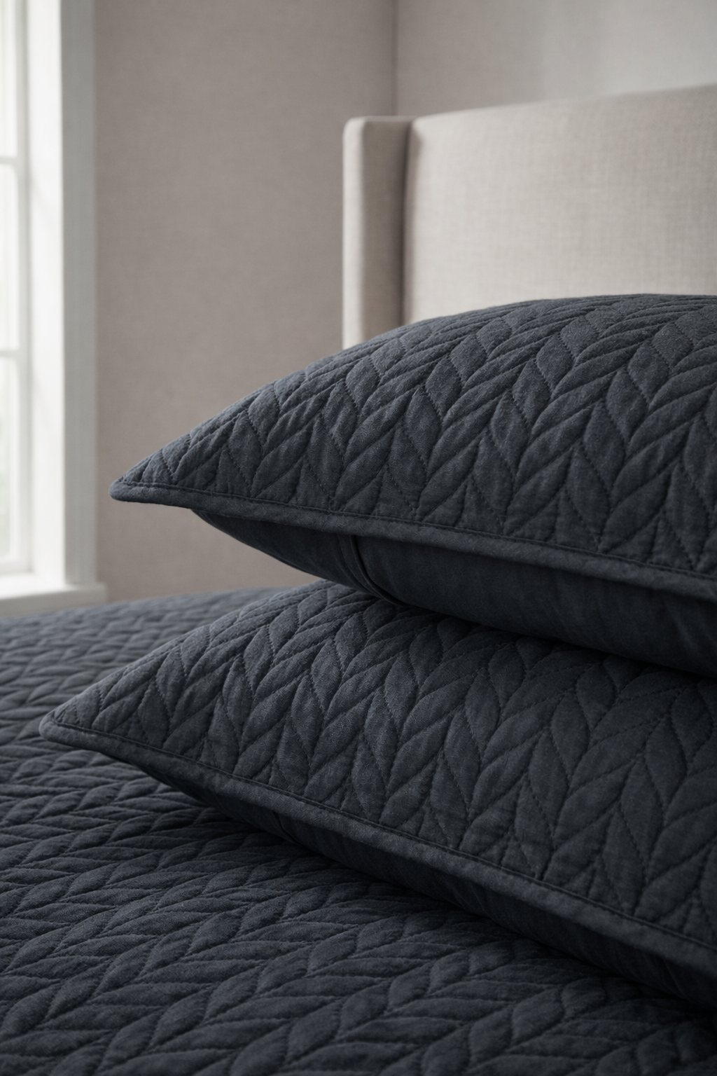 Stacked dark quilted cotton pillows with a textured leaf pattern on a bed in a modern bedroom