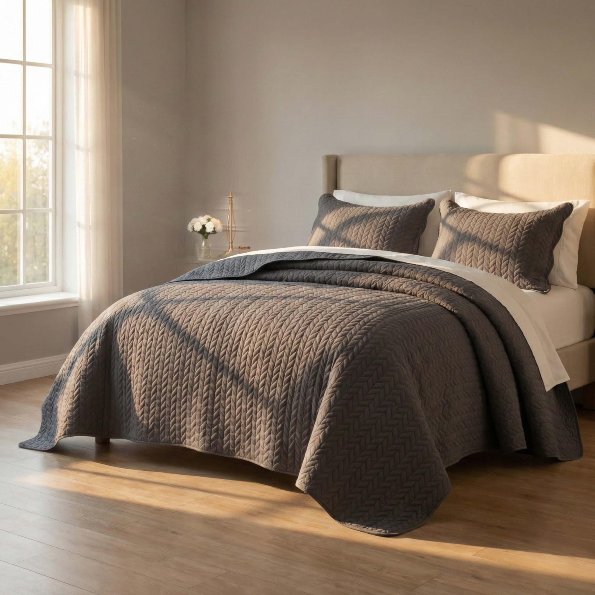 Charcoal grey cotton bed sheet set in a sunlit bedroom with modern decor