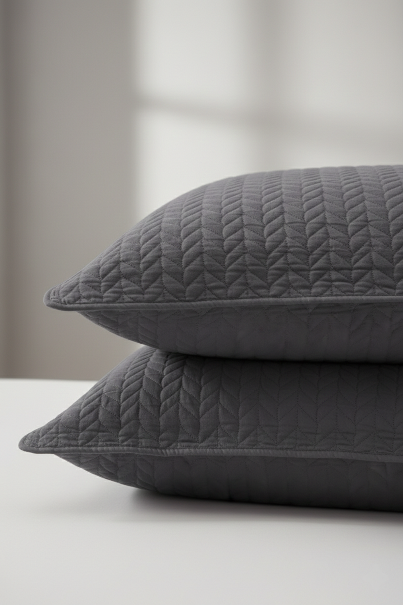 Stack of two quilted charcoal grey pillows with leaf pattern on a white surface