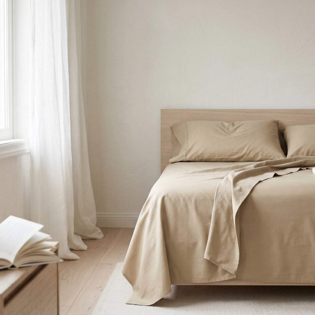 Ivory Sand Beige premium T200 cotton percale bedsheet set on bed in bright airy bedroom with white curtains