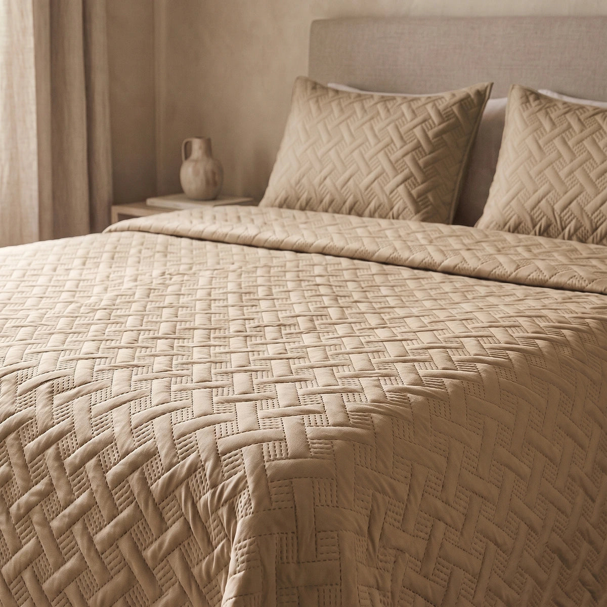 Angled view of almond beige woven lattice quilted bedspread showing full bed styling