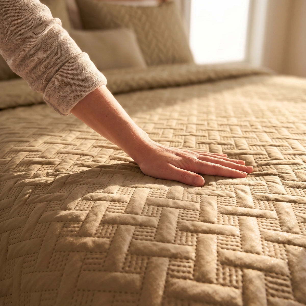 Hand touching the quilted microfiber texture of the almond beige Woven Lattice Quilt bedspread