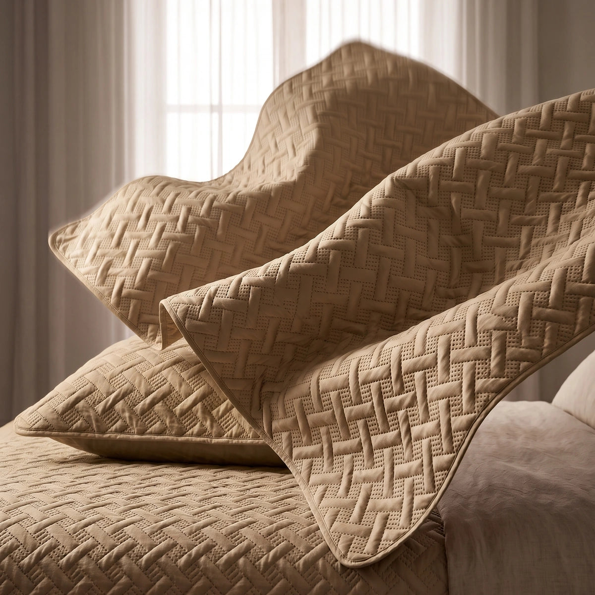 Folded corner of almond beige quilted bedspread with matching pillow shams on the bed