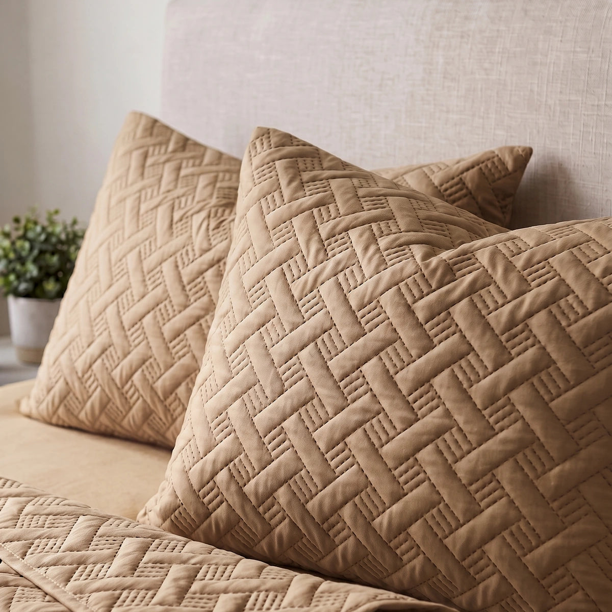 Two almond beige woven lattice pillow shams stacked against a linen headboard