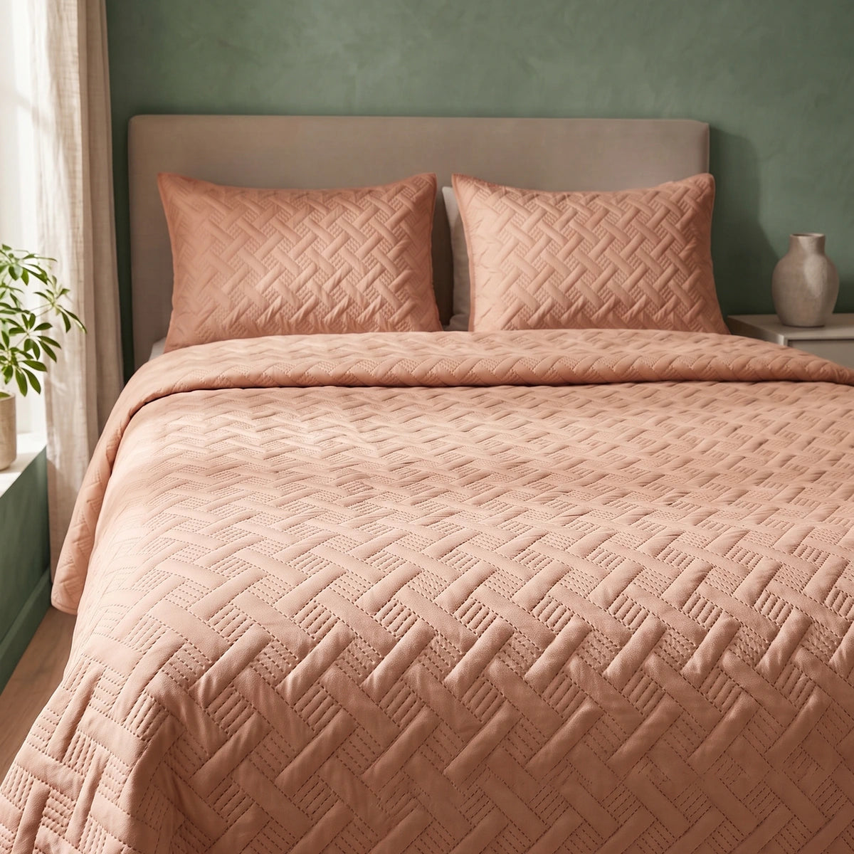 Woven Lattice Quilt bedspread in soft rose styled on a queen bed with matching pillow shams