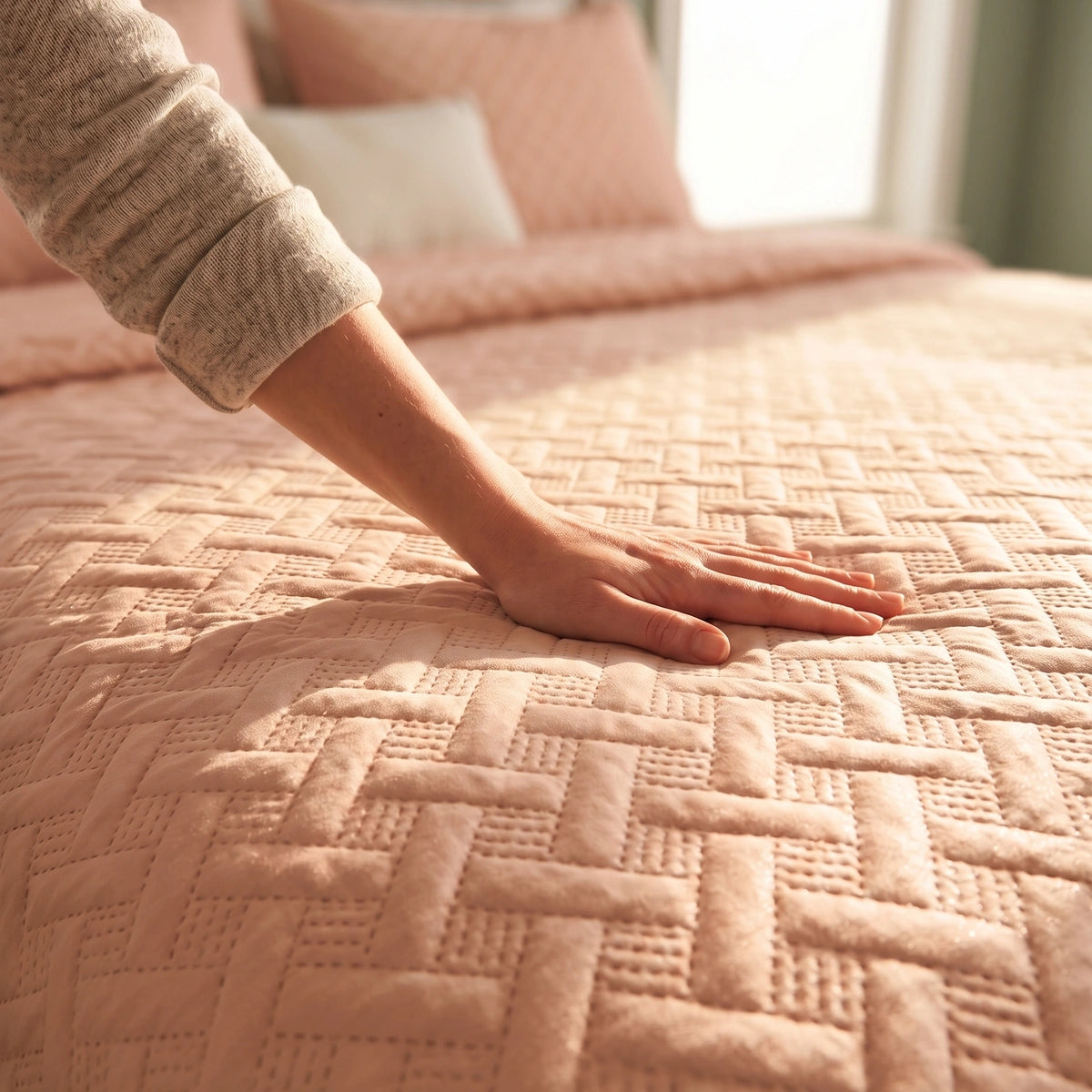 Hand touching the quilted fabric texture of the soft rose Woven Lattice Quilt bedspread