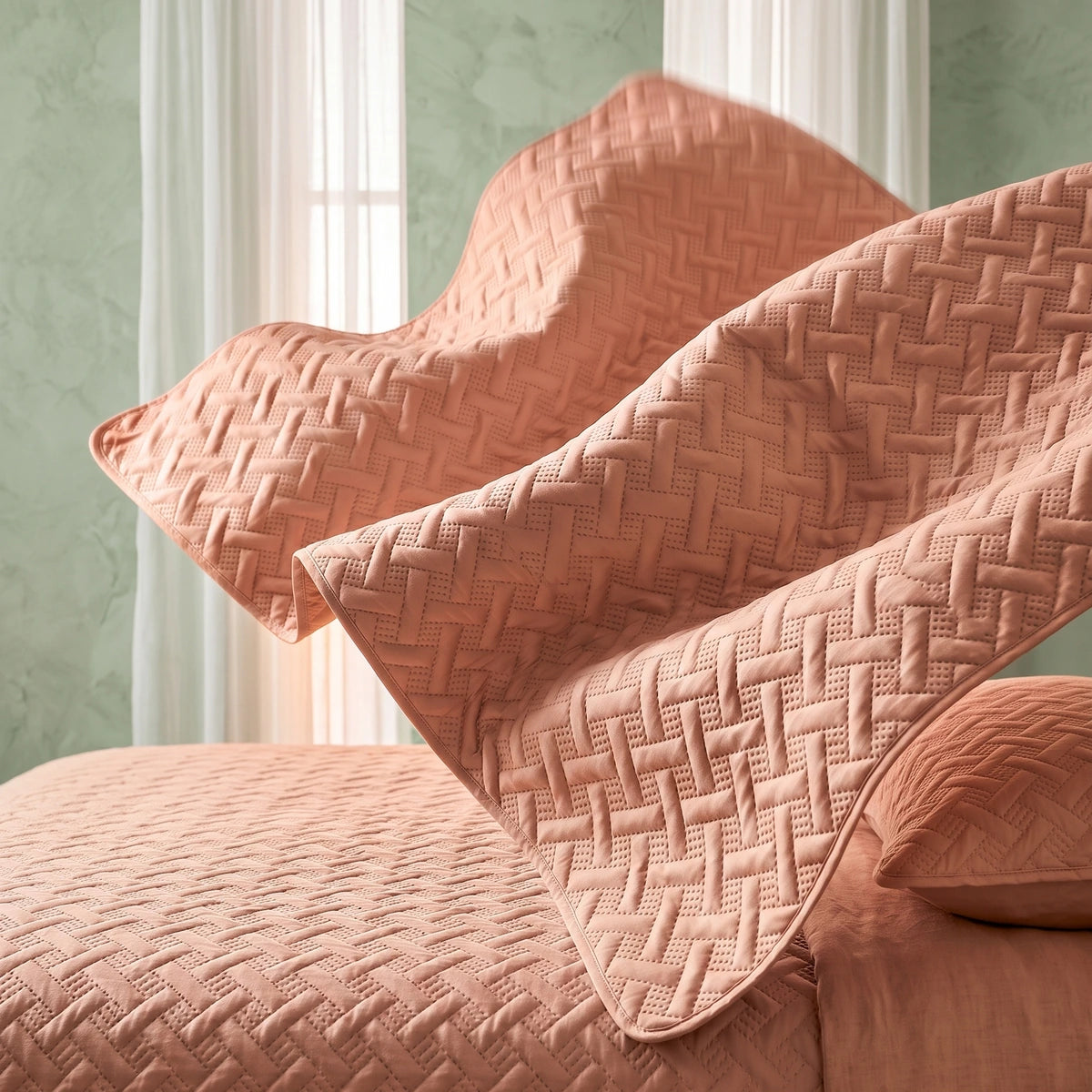 Folded corner of soft rose quilted bedspread with matching pillow shams on the bed