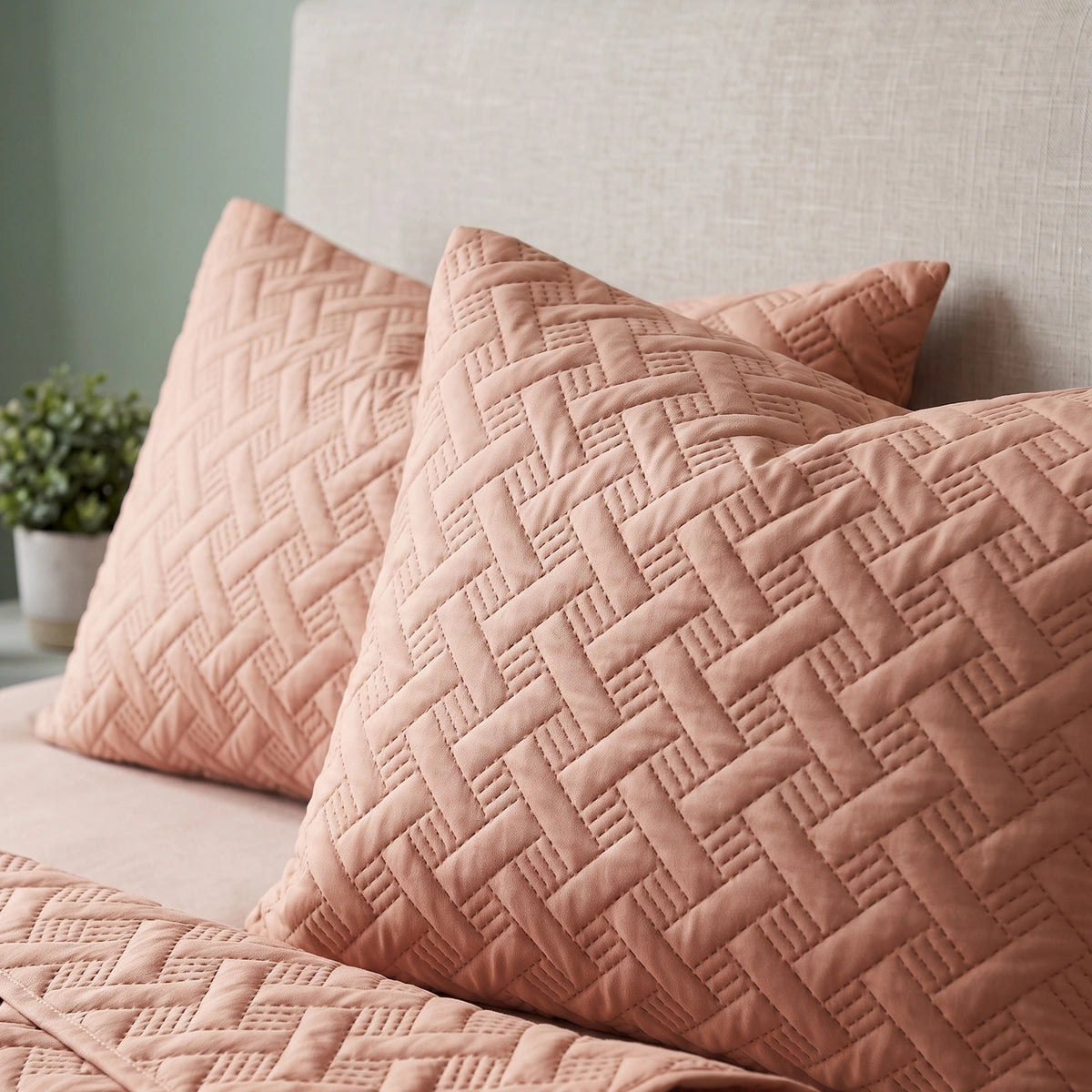 Two soft rose woven lattice pillow shams stacked against a linen headboard