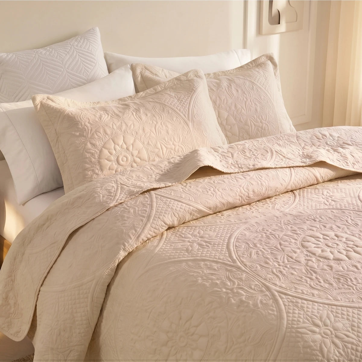 LuxeCotton Cashmere Cream Medallion Bedspread on King Bed – Full Styled Bedroom View