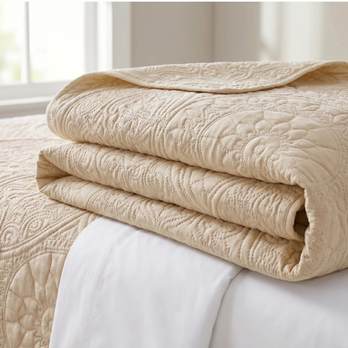 LuxeCotton Cashmere Cream Premium Quilted Bedspread – Folded View Showing Texture and Depth