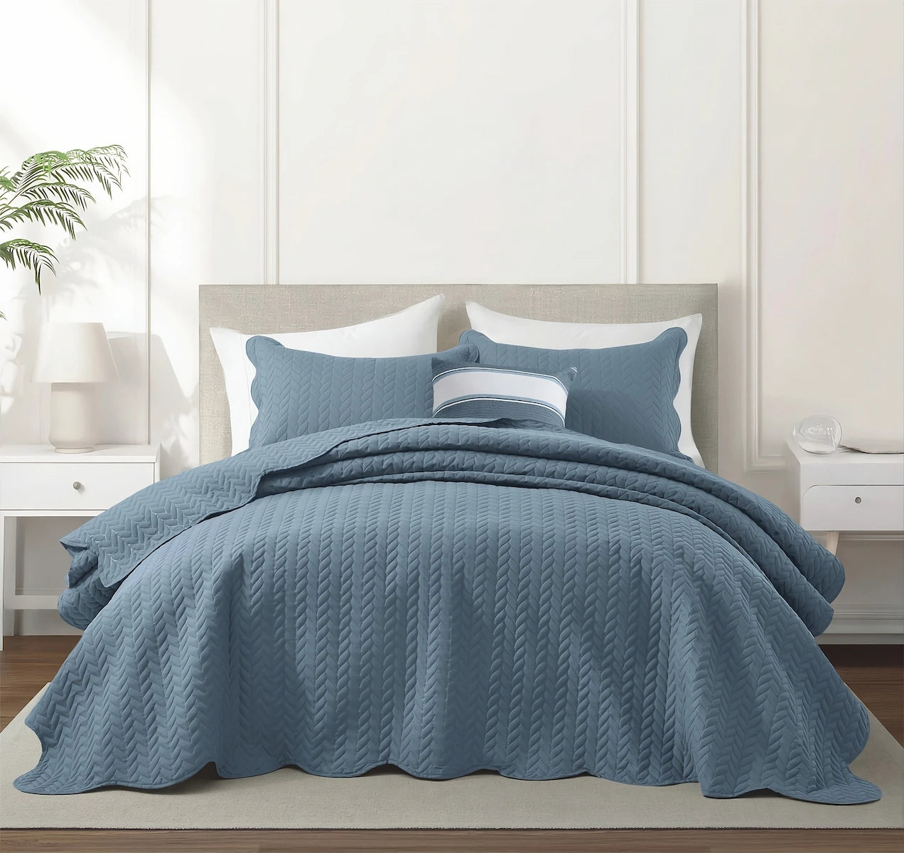 LuxeCotton Horizon Blue summer bedspread scalloped edge quilted bed cover with pillow set, available in Pakistan with cash on delivery