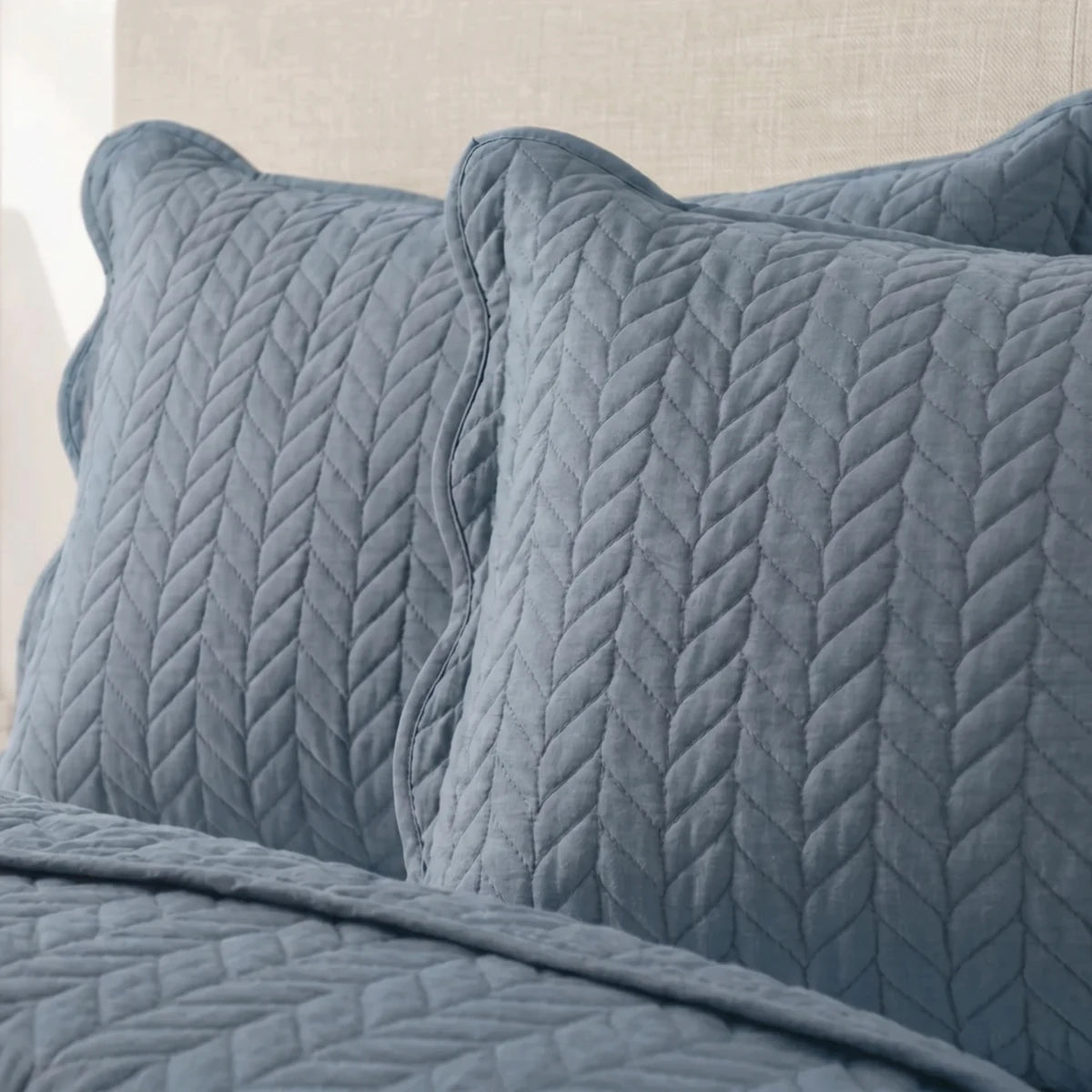 LuxeCotton Horizon Blue quilted pillow shams with leaf stitch pattern premium bedding Pakistan