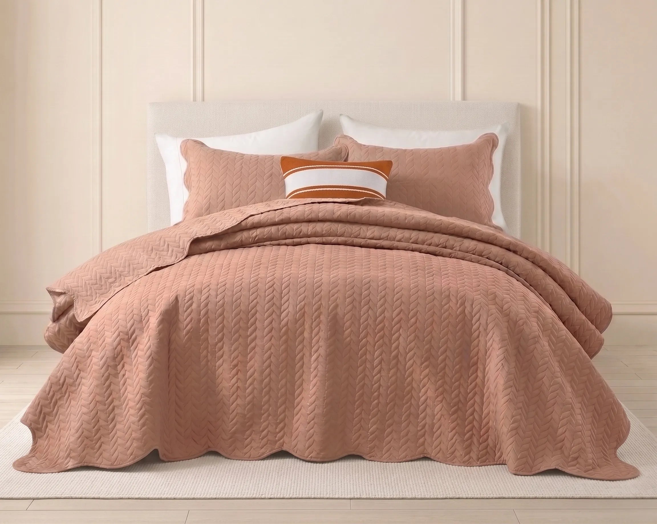 LuxeCotton Rosé Peach summer bedspread scalloped edge quilted bed cover with pillow set, available in Pakistan with cash on delivery