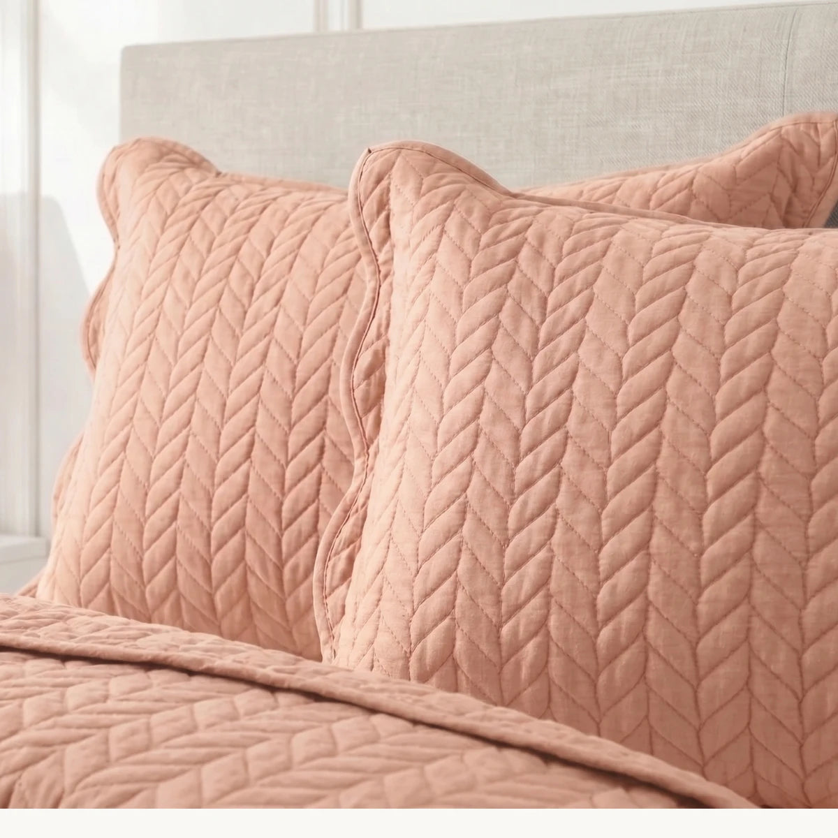 LuxeCotton Rosé Peach quilted pillow shams with leaf stitch pattern premium bedding Pakistan