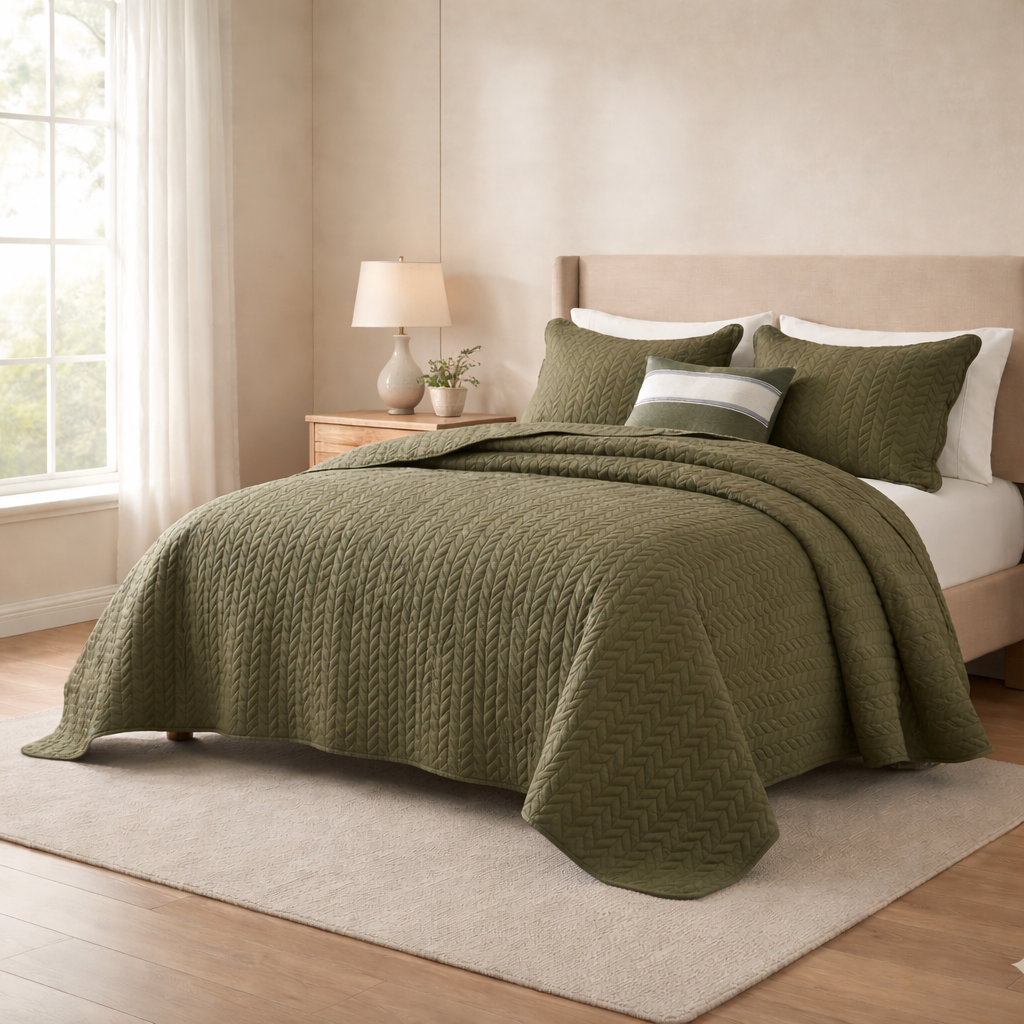 Textured olive green bedding set on a bed in a softly lit, modern bedroom.