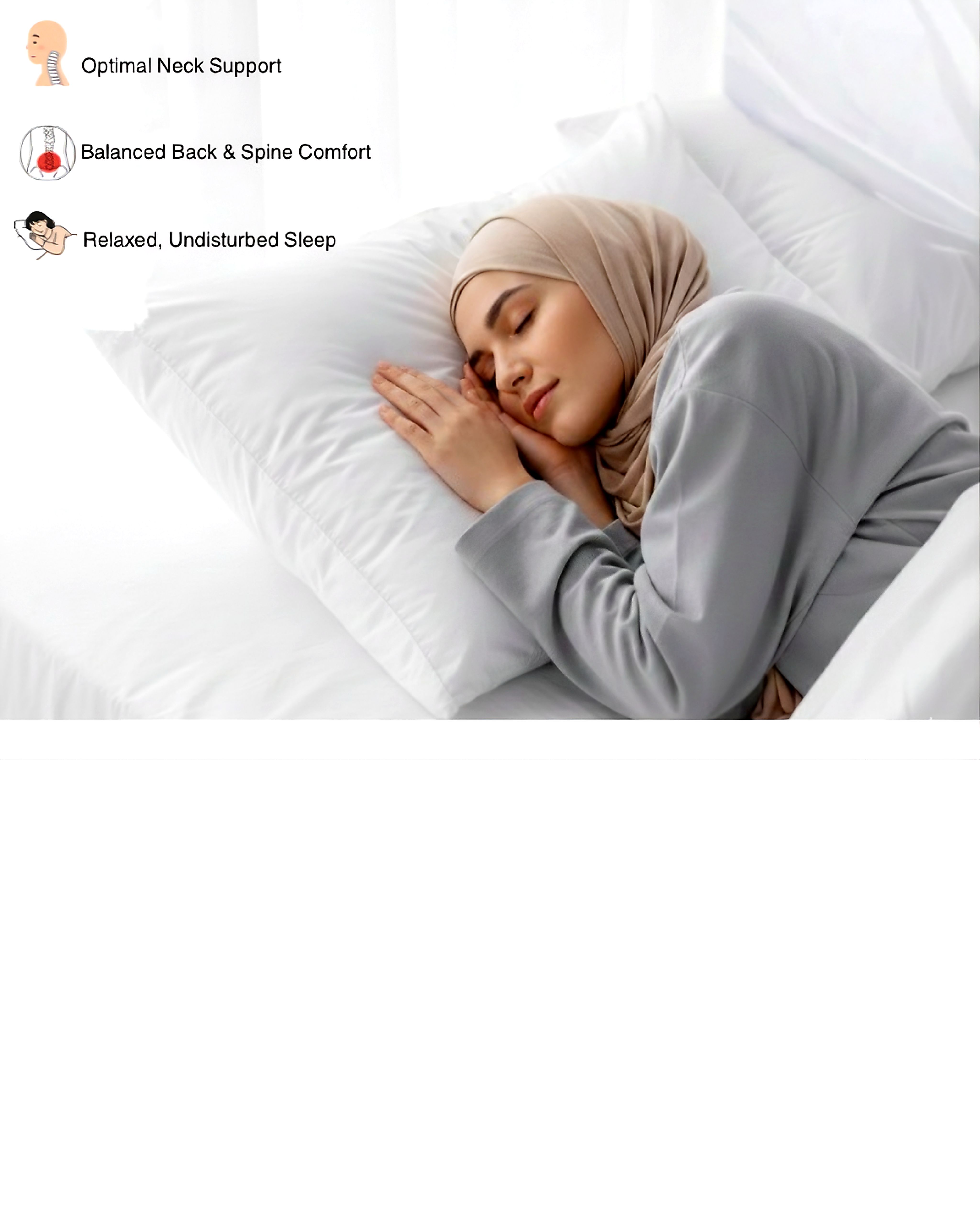 Woman resting on a white pillow, highlighting neck support and spine comfort for sleep.