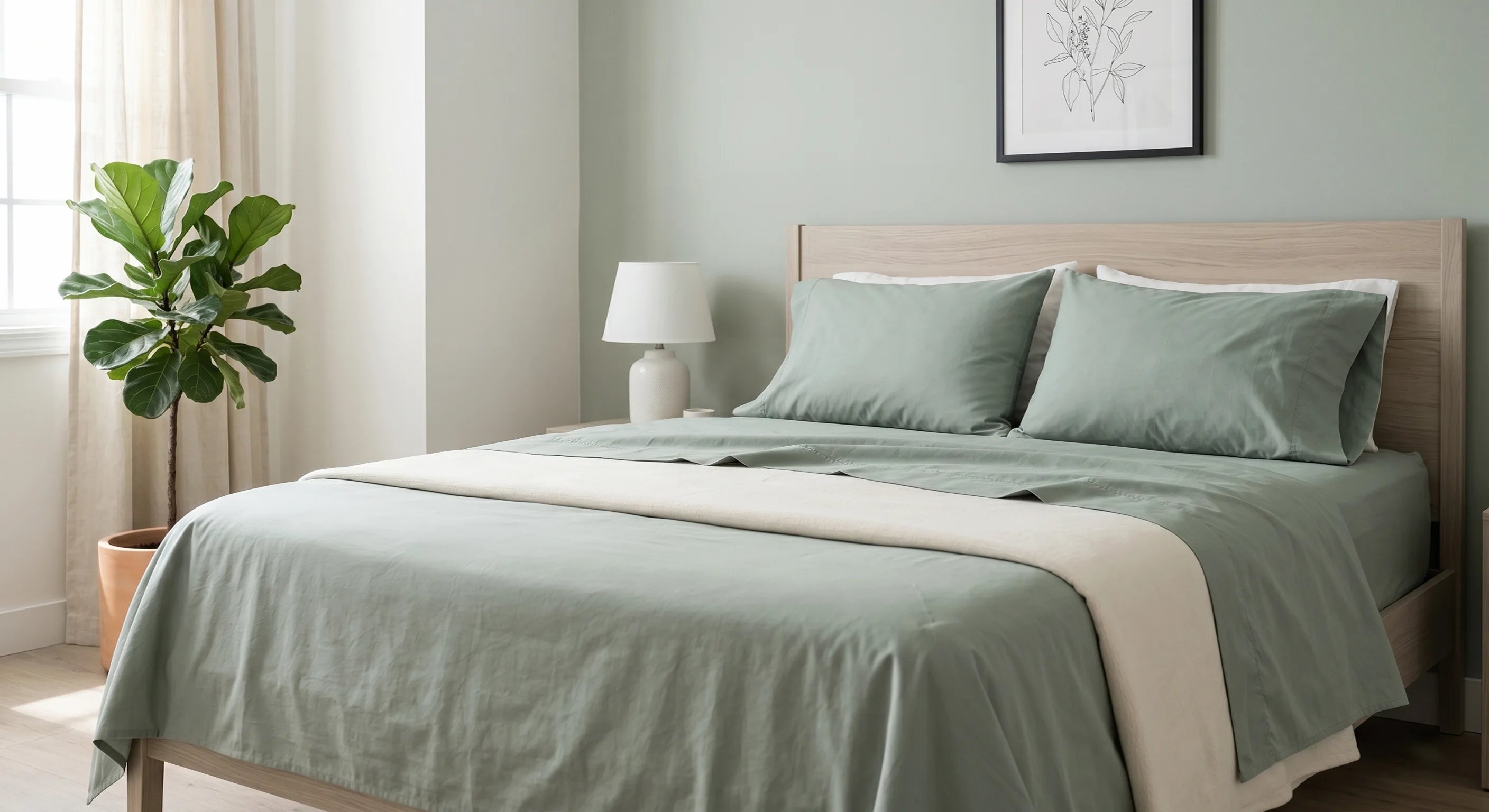 Sage Mist Green premium cotton percale bedsheet set on king bed with botanical decor