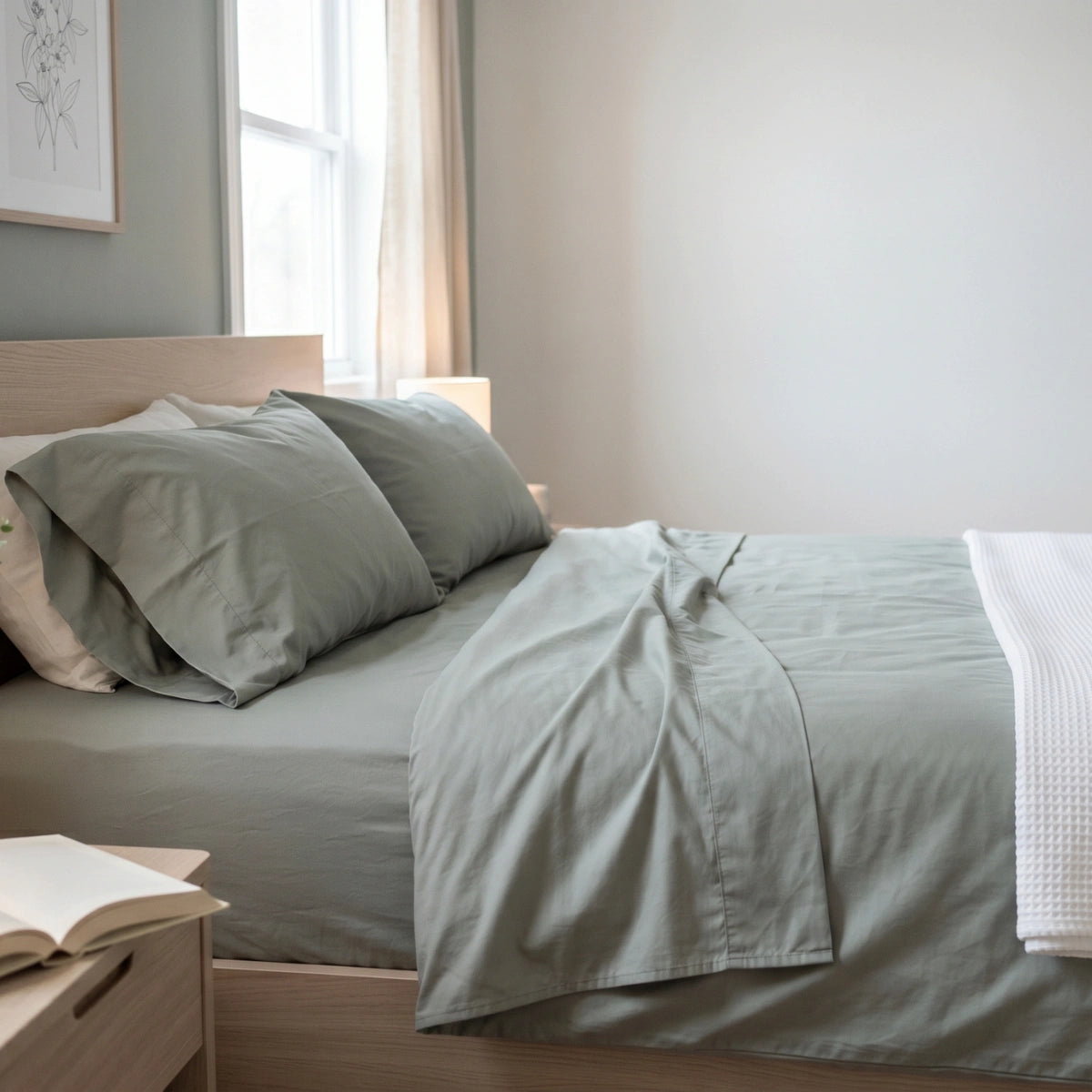 Sage Mist Green T200 cotton bedsheet set styled on queen bed in modern bedroom