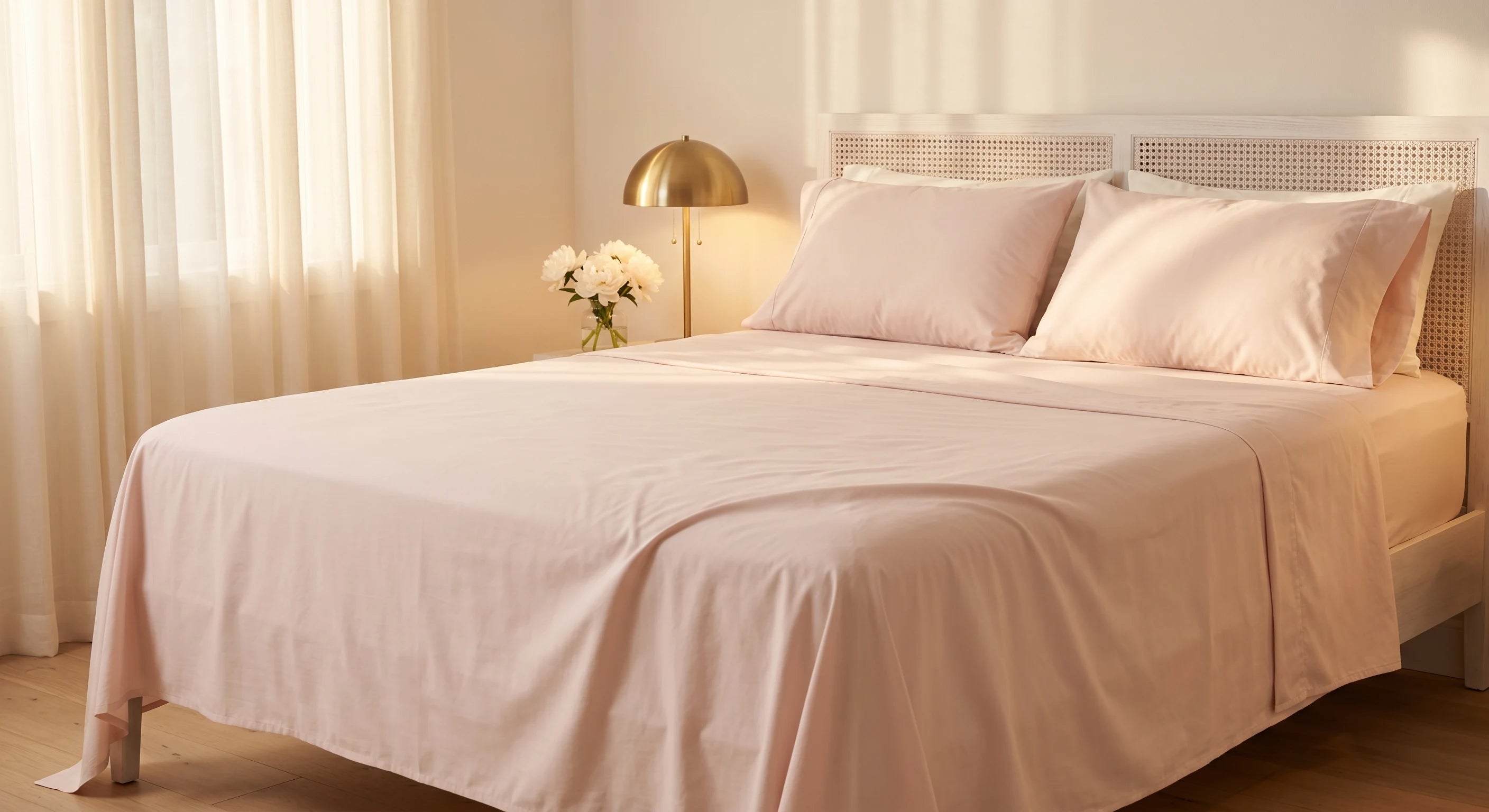 Pink premium T200 cotton percale bedsheet set on king bed in warm romantic bedroom
