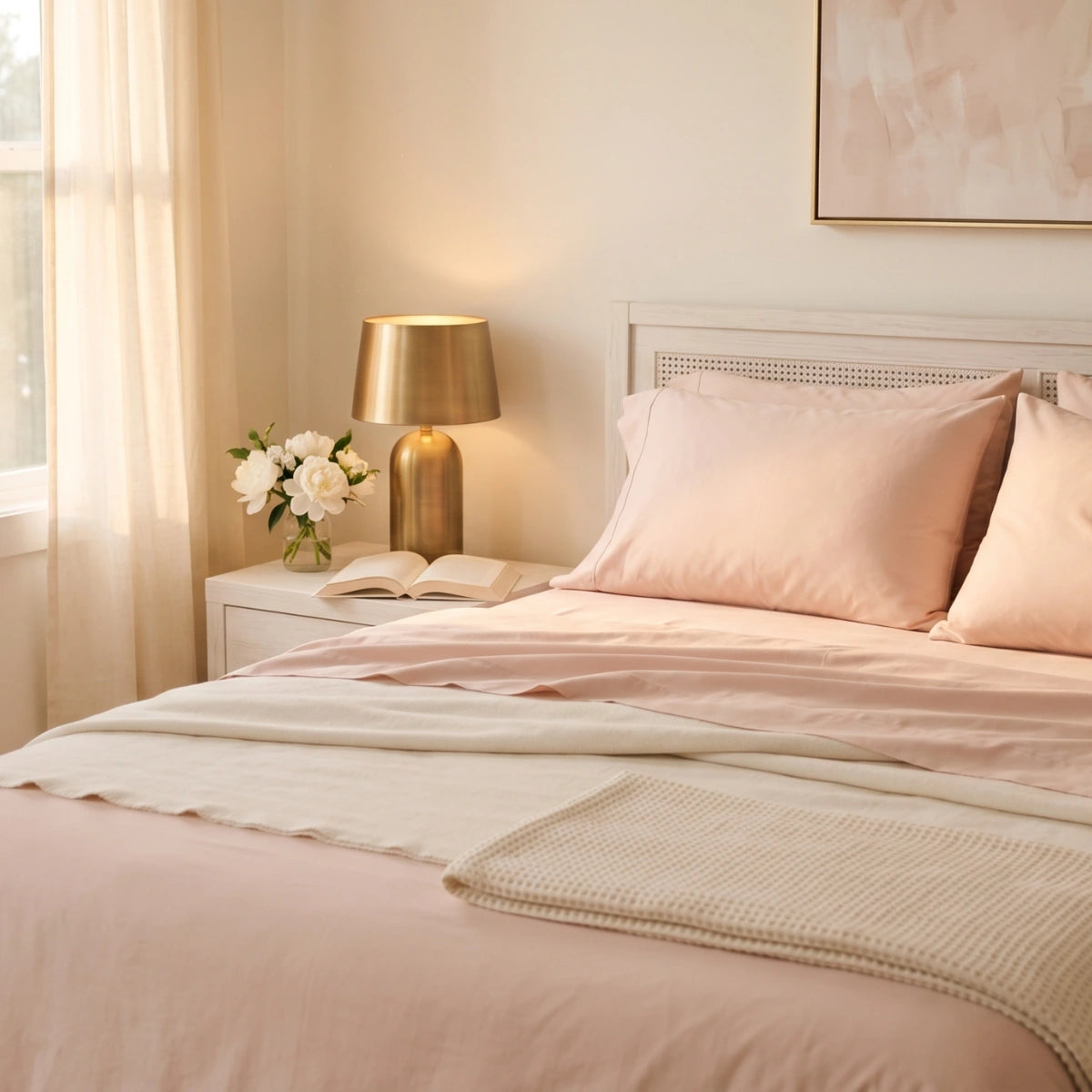 Pink T200 cotton percale bedsheet set styled on queen bed with brass lamp and white peonies by LuxeCotton Pakistan